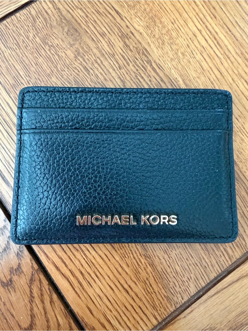 Michael Kors Black Pebbled Leather Slim Card Holder with Gold Logo